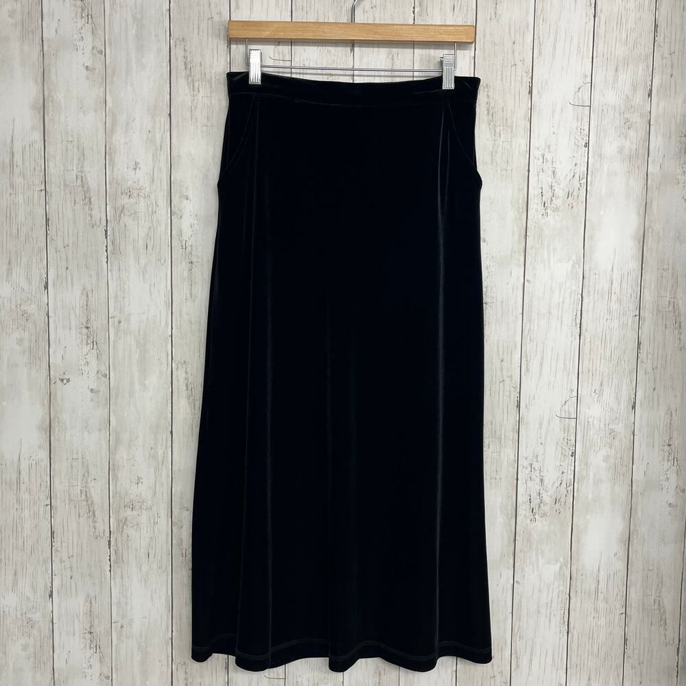 Vintage Cynthia Max Black Velvet Stretch Basic Witchy Goth Pockets Maxi Skirt PM
